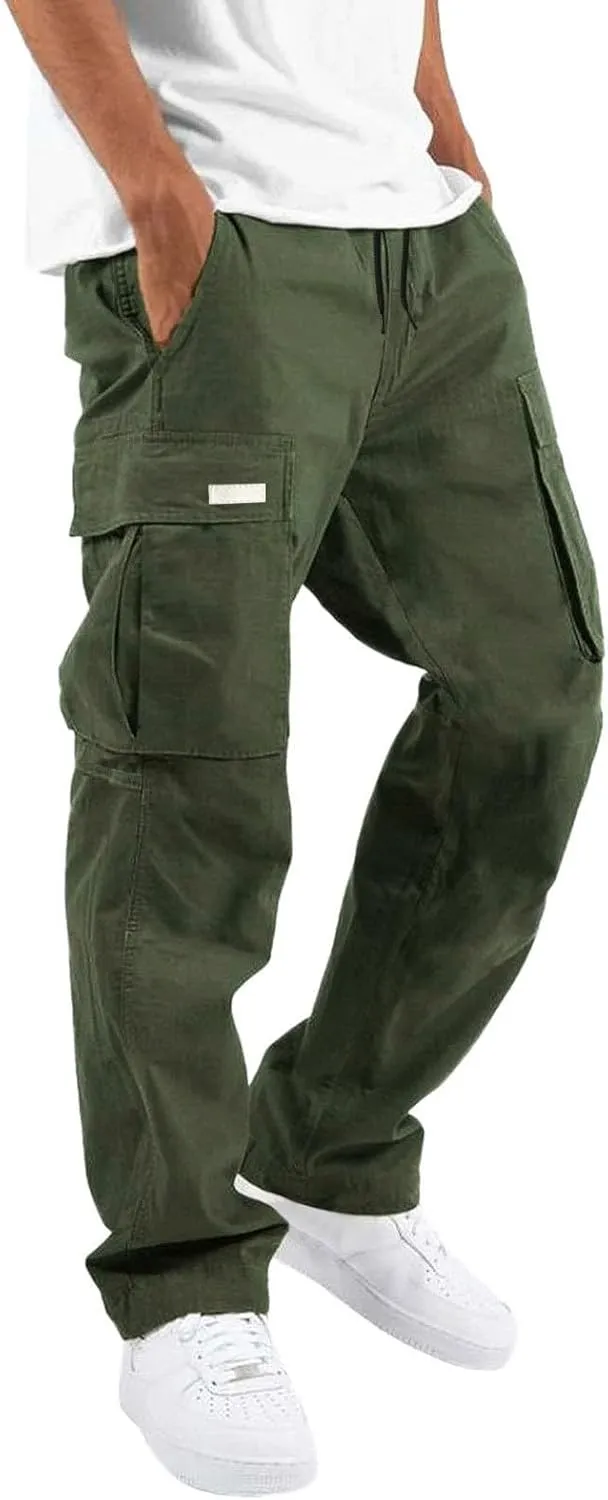 Men's Cargo Combat Pants Casual Linen Stretch Drawstring Pant Sweatpant Joggers Loose Fit Loungewear