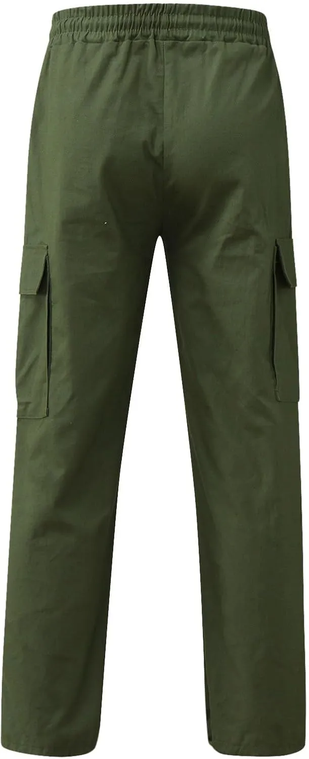Men's Cargo Combat Pants Casual Linen Stretch Drawstring Pant Sweatpant Joggers Loose Fit Loungewear