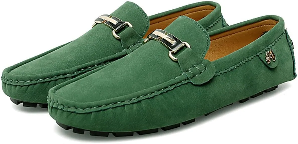 Men's Driving Loafers Black Slip-On with Suede Buckle Detail Moccasins
