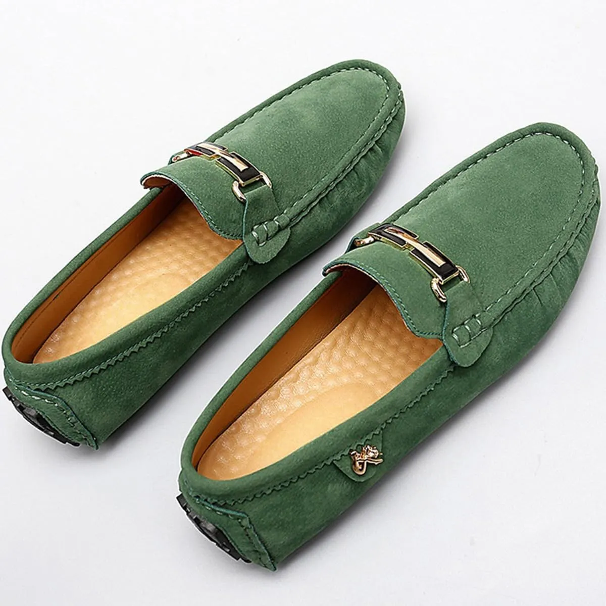 Men's Driving Loafers Black Slip-On with Suede Buckle Detail Moccasins