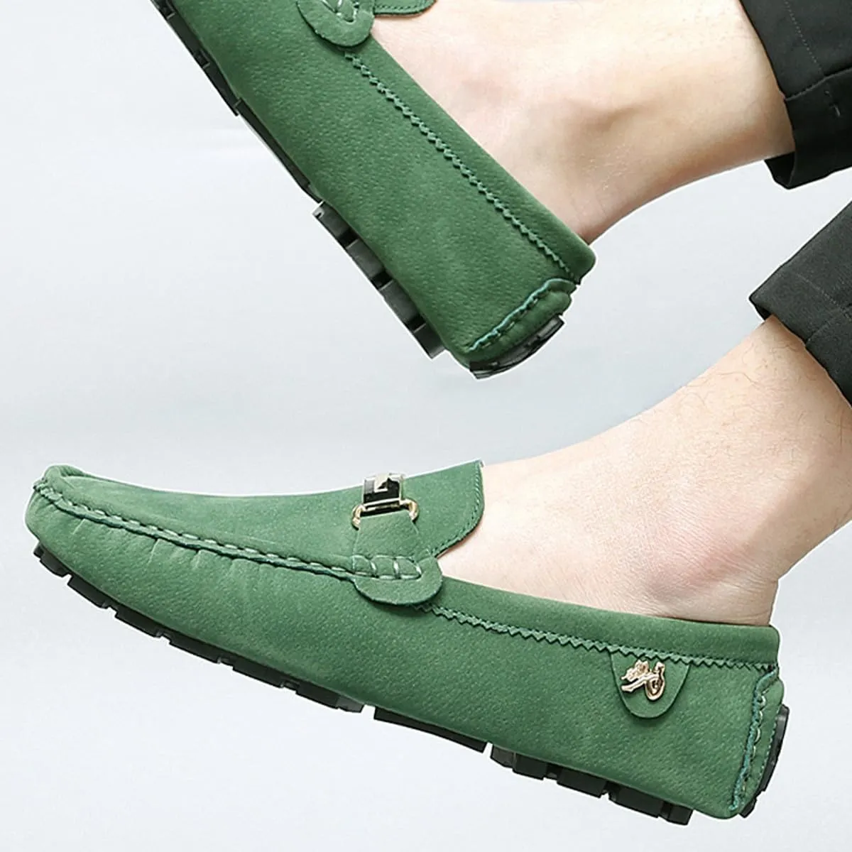 Men's Driving Loafers Black Slip-On with Suede Buckle Detail Moccasins