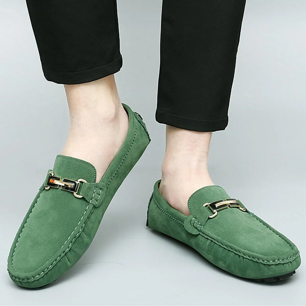 Men's Driving Loafers Black Slip-On with Suede Buckle Detail Moccasins