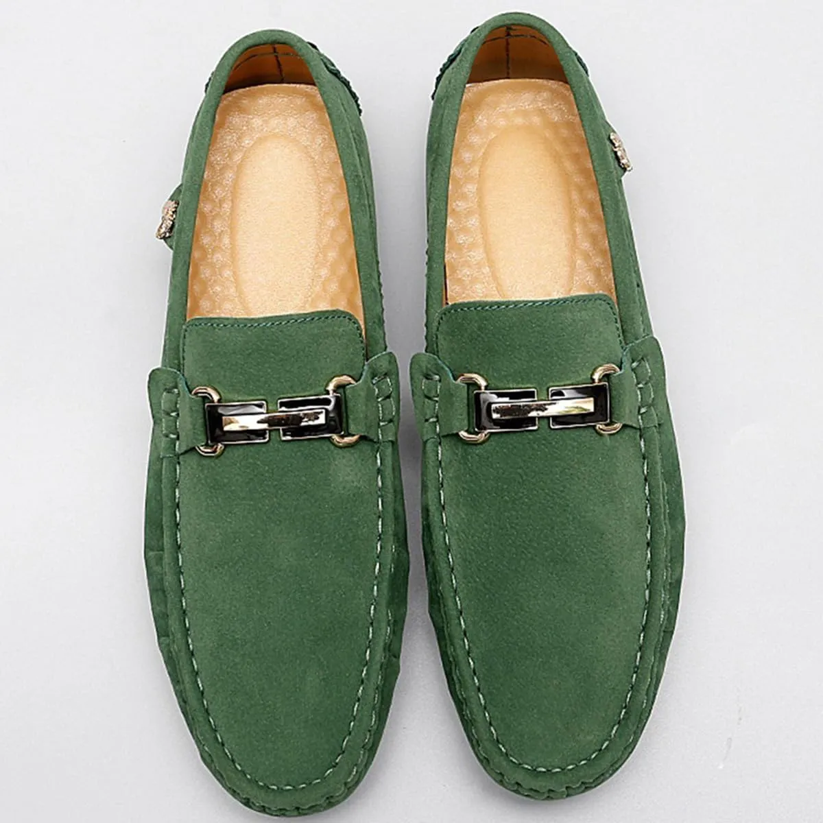 Men's Driving Loafers Black Slip-On with Suede Buckle Detail Moccasins