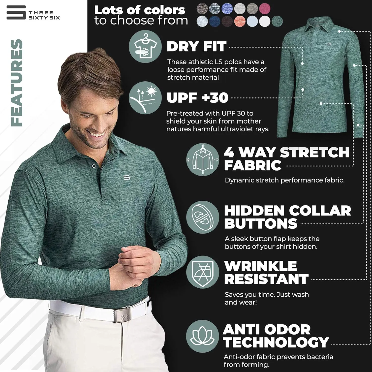 Men's Dry Fit Long Sleeve Golf Shirt - Quick Dry Polo Shirts - UPF 30, Stretch Fabric
