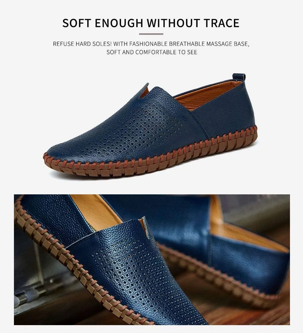 Men's Genuine Leather Loafer Shoes Slip On Soft Walking Shoes Perforated Driving Shoes