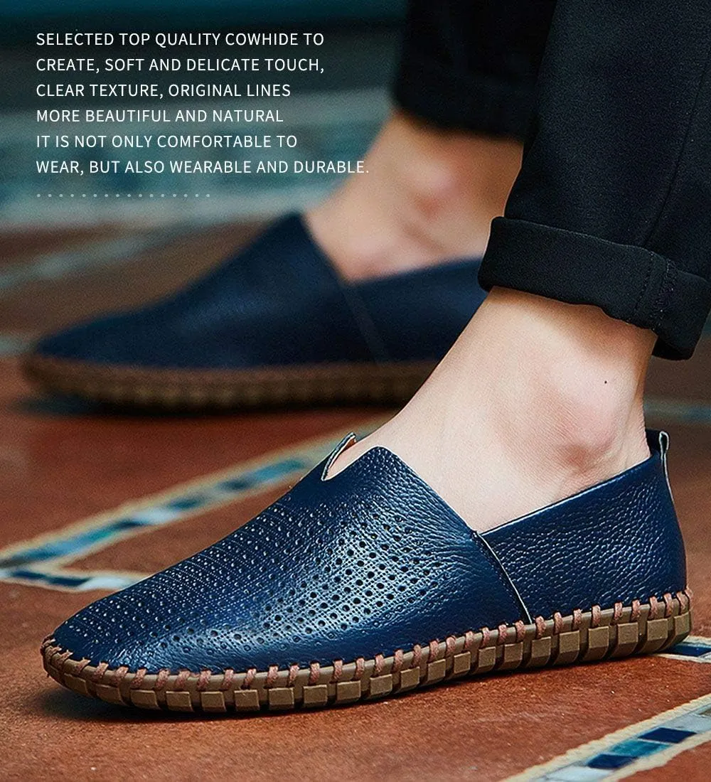 Men's Genuine Leather Loafer Shoes Slip On Soft Walking Shoes Perforated Driving Shoes
