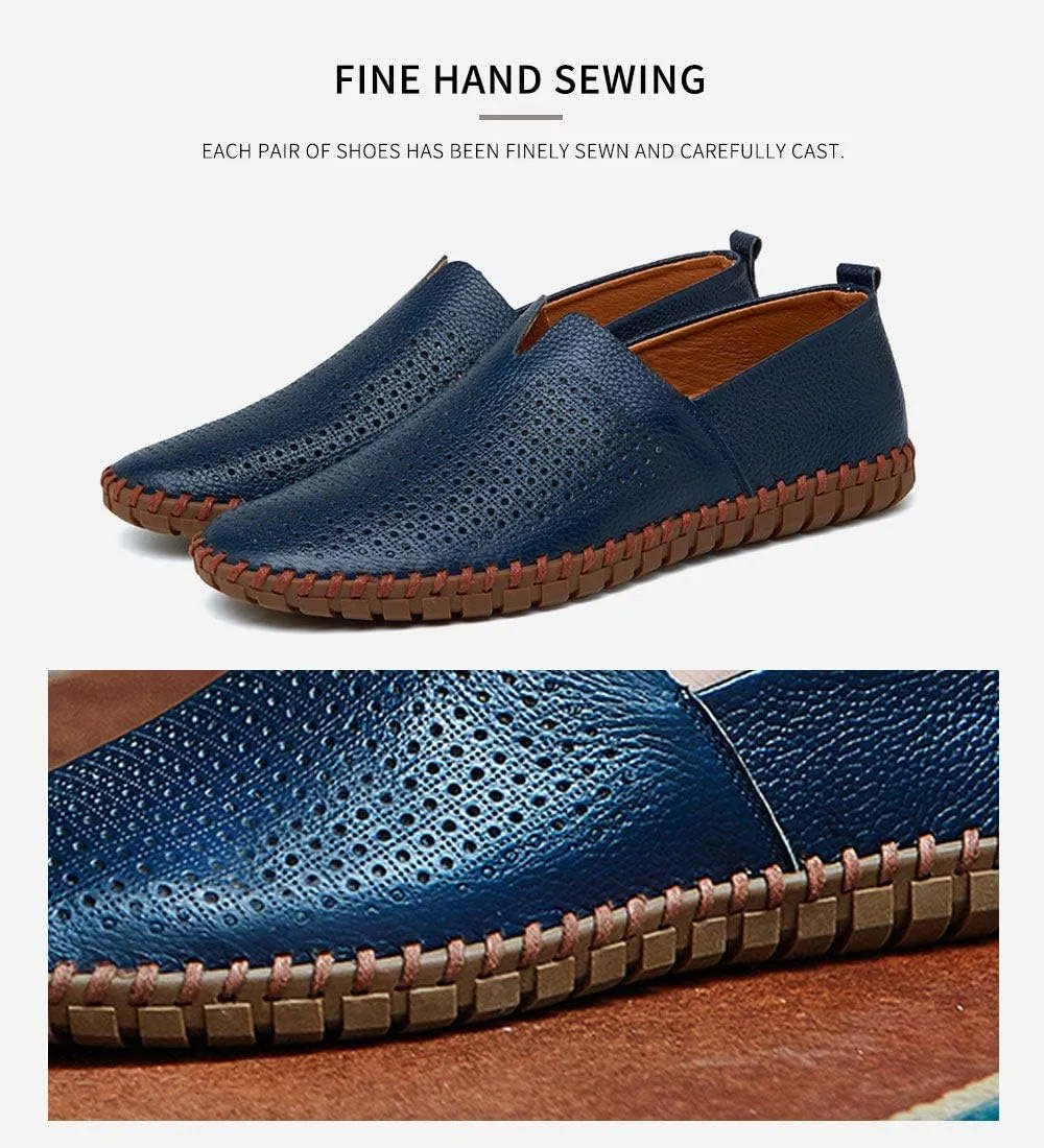 Men's Genuine Leather Loafer Shoes Slip On Soft Walking Shoes Perforated Driving Shoes