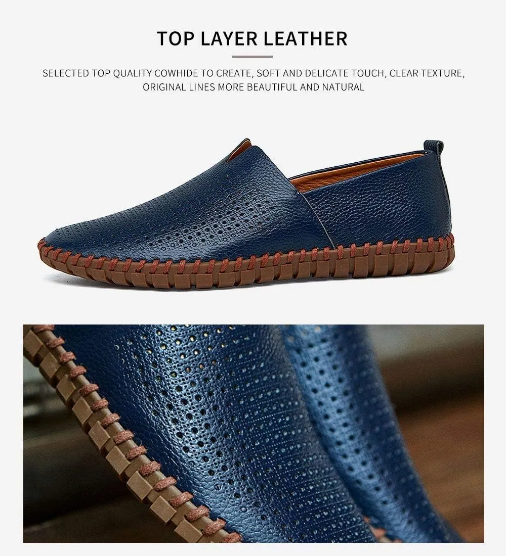 Men's Genuine Leather Loafer Shoes Slip On Soft Walking Shoes Perforated Driving Shoes