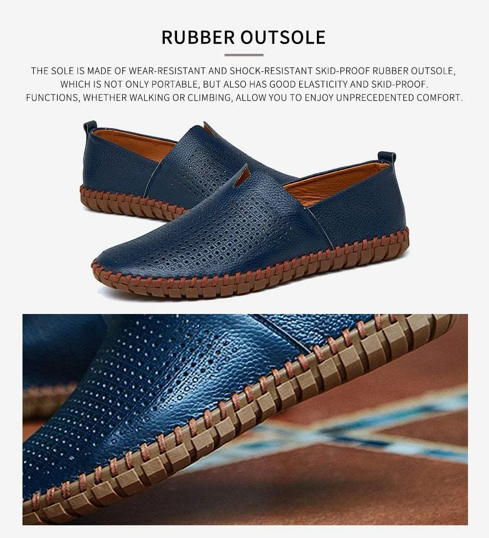 Men's Genuine Leather Loafer Shoes Slip On Soft Walking Shoes Perforated Driving Shoes