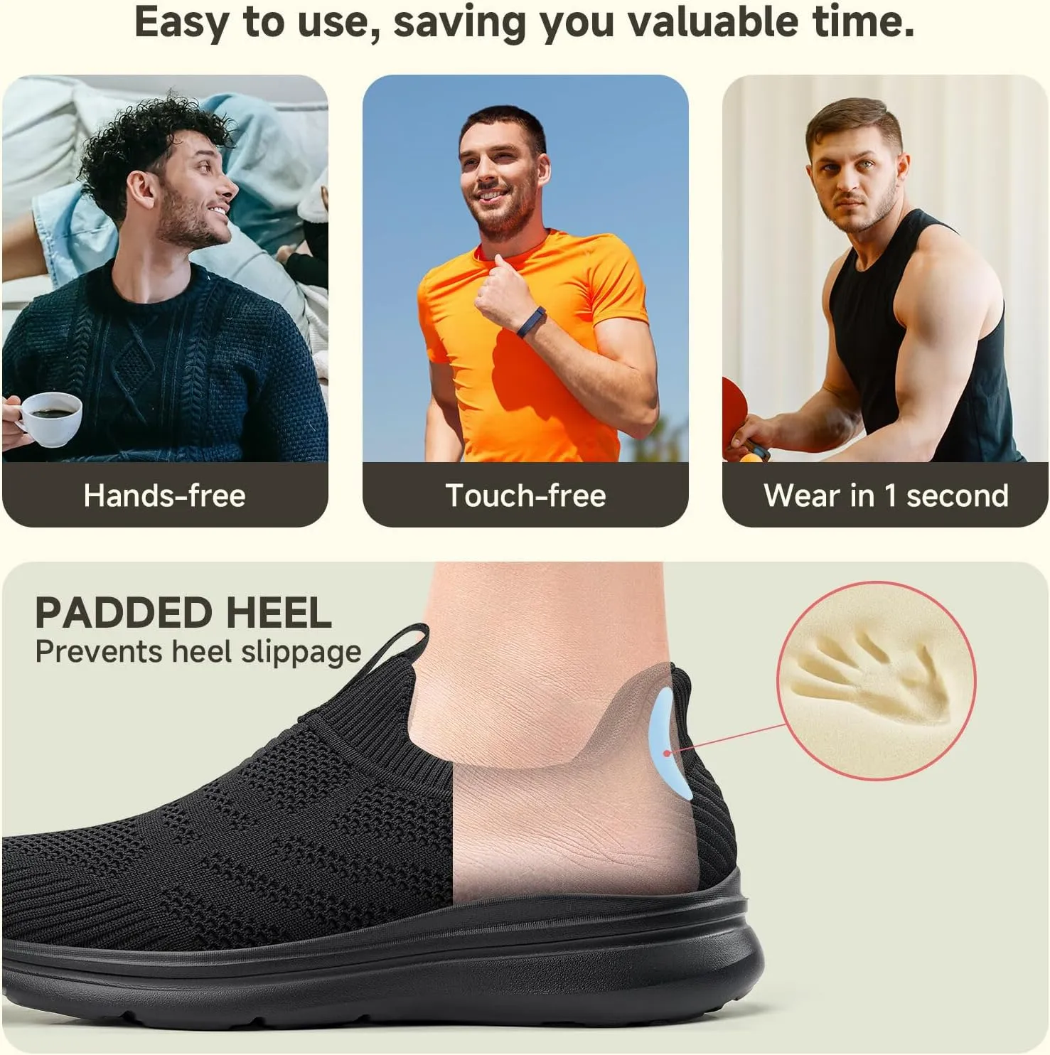 Men's Hands-Free Slip On Sneakers | Laceless Walking Shoes for Gym/Travel/Office