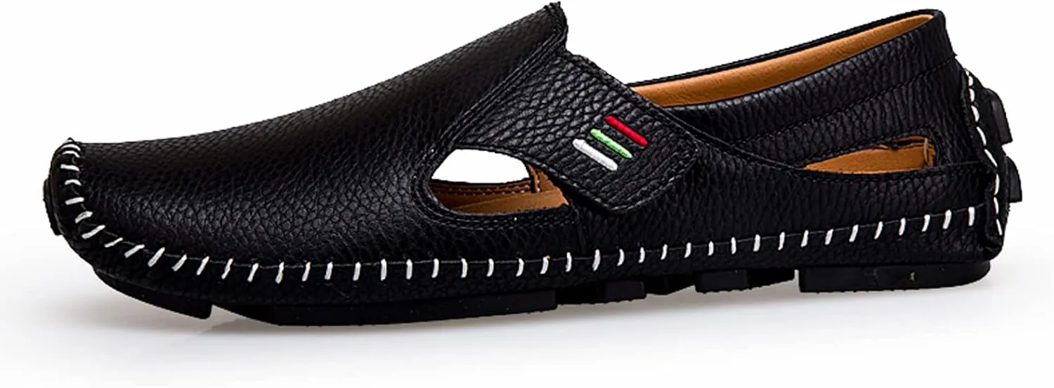 Men's Leather Square Toe Soft Sole Loafers with Hook&Loop,Breathable Comfortable Slip On Flat Moccasin Boat Shoes,Casual Fashion Walking Driving Shoes