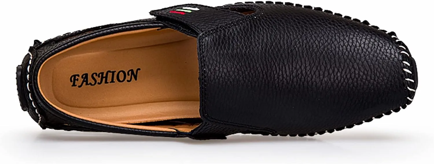 Men's Leather Square Toe Soft Sole Loafers with Hook&Loop,Breathable Comfortable Slip On Flat Moccasin Boat Shoes,Casual Fashion Walking Driving Shoes