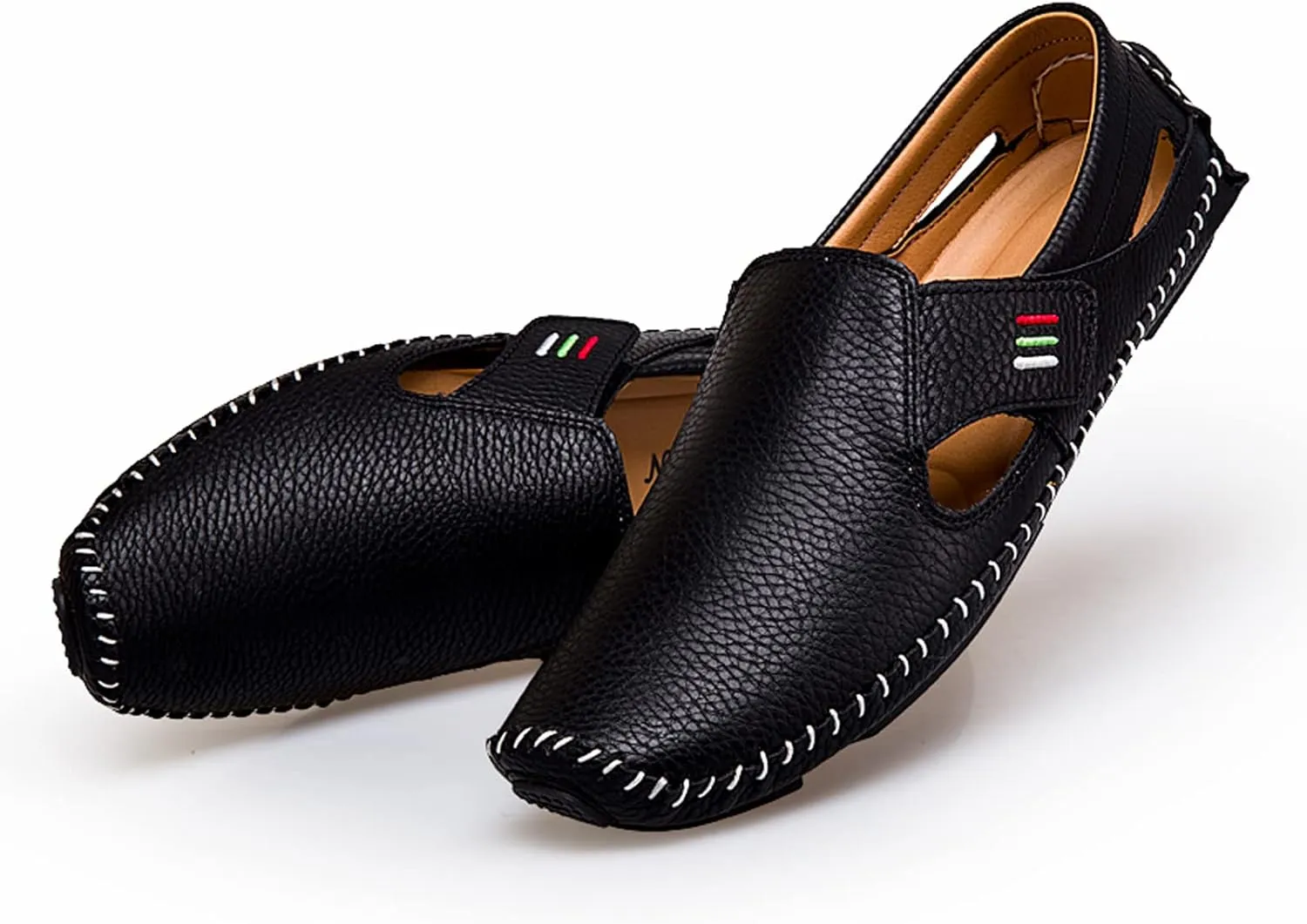 Men's Leather Square Toe Soft Sole Loafers with Hook&Loop,Breathable Comfortable Slip On Flat Moccasin Boat Shoes,Casual Fashion Walking Driving Shoes