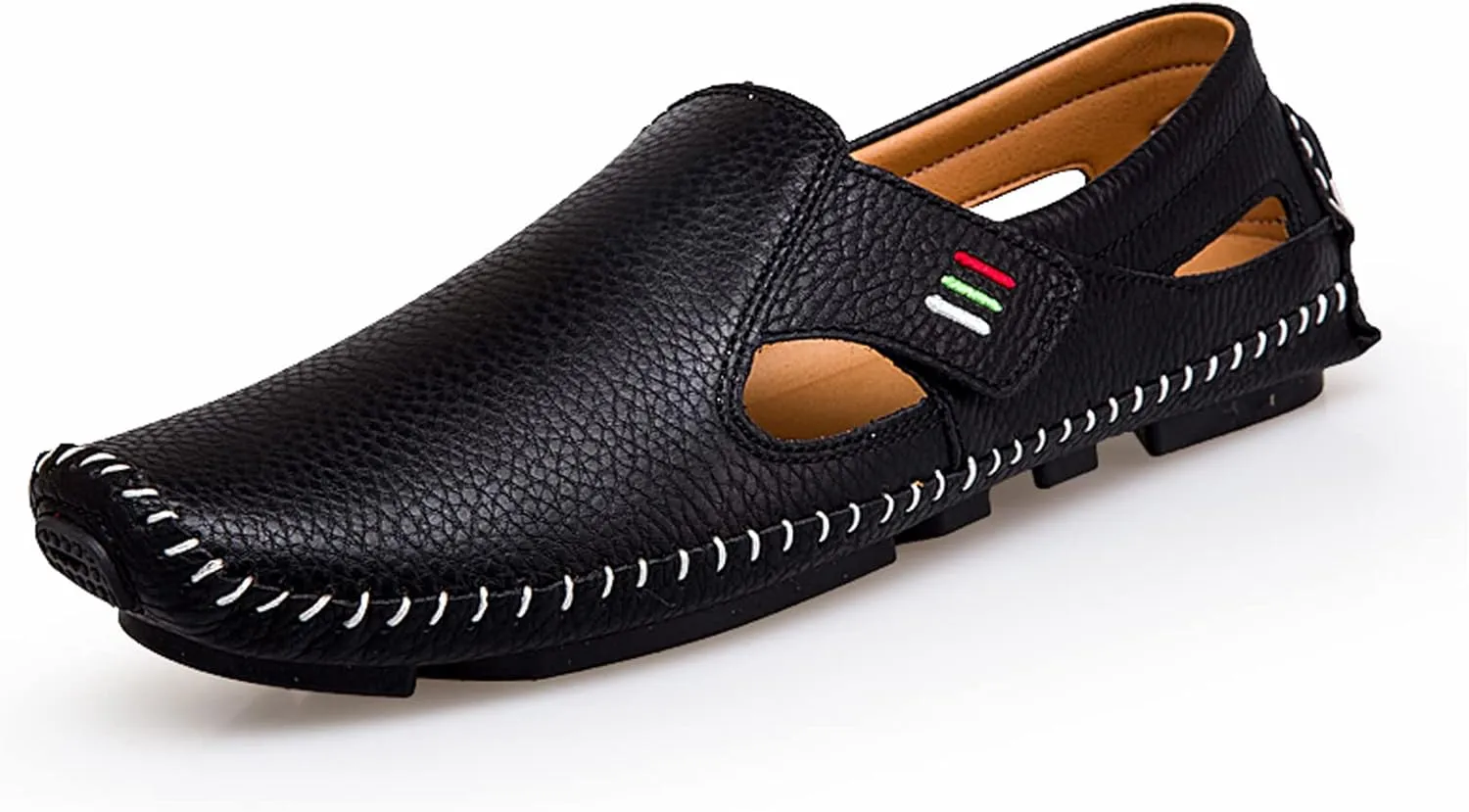 Men's Leather Square Toe Soft Sole Loafers with Hook&Loop,Breathable Comfortable Slip On Flat Moccasin Boat Shoes,Casual Fashion Walking Driving Shoes