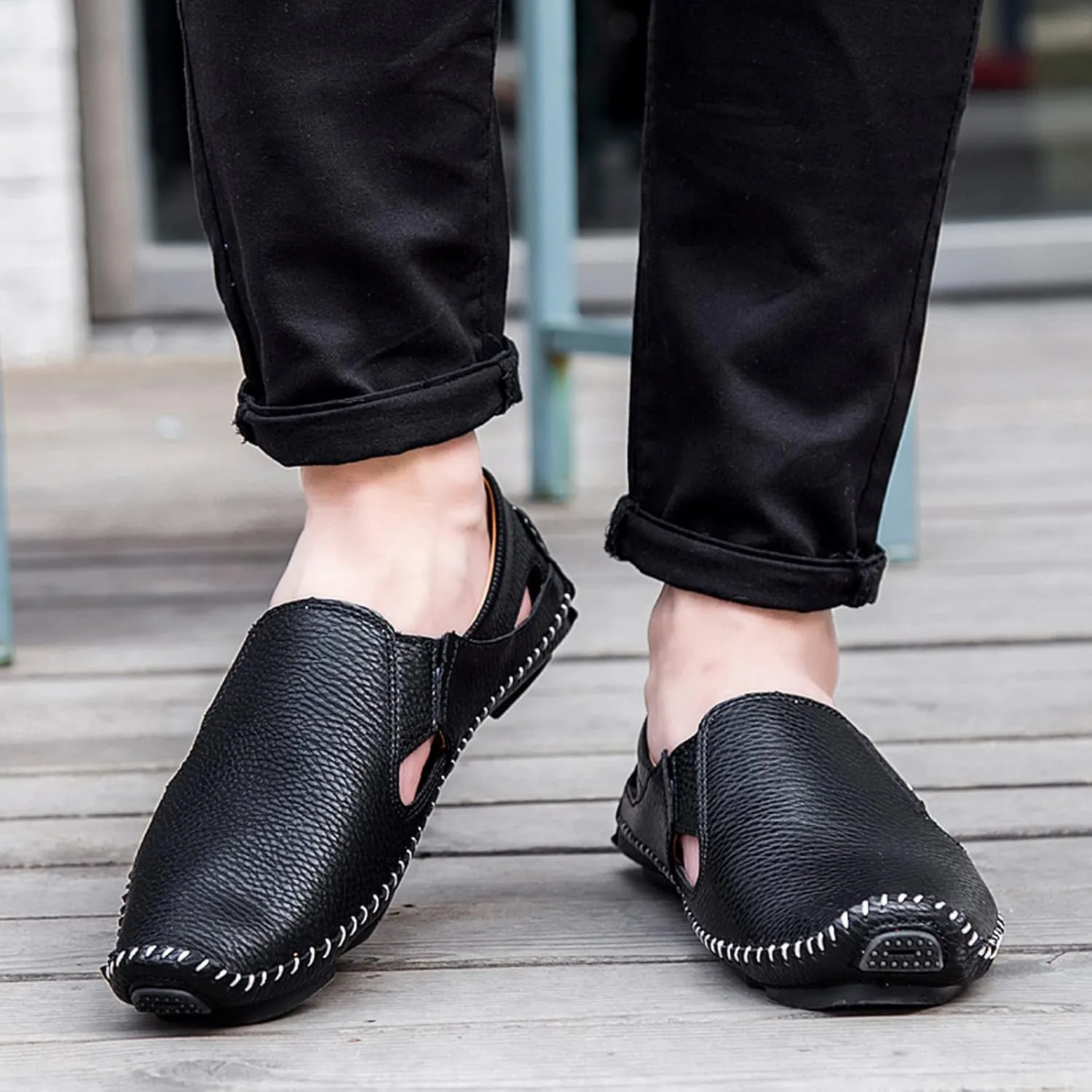 Men's Leather Square Toe Soft Sole Loafers with Hook&Loop,Breathable Comfortable Slip On Flat Moccasin Boat Shoes,Casual Fashion Walking Driving Shoes