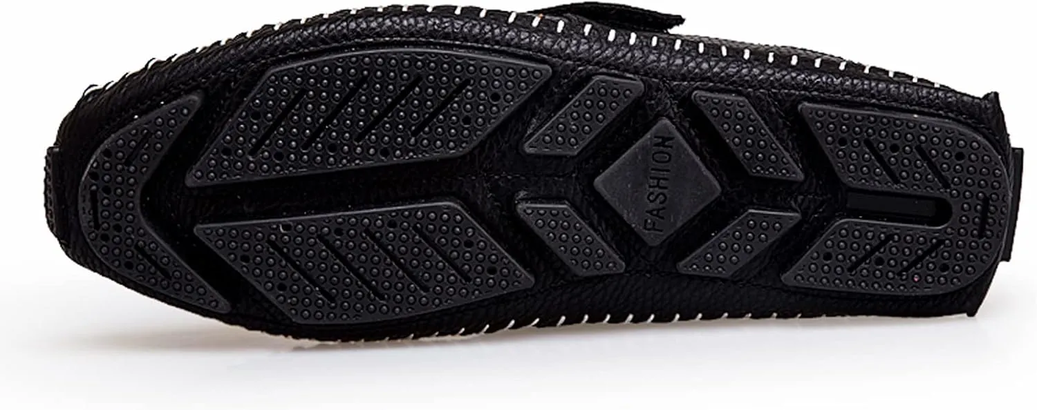 Men's Leather Square Toe Soft Sole Loafers with Hook&Loop,Breathable Comfortable Slip On Flat Moccasin Boat Shoes,Casual Fashion Walking Driving Shoes