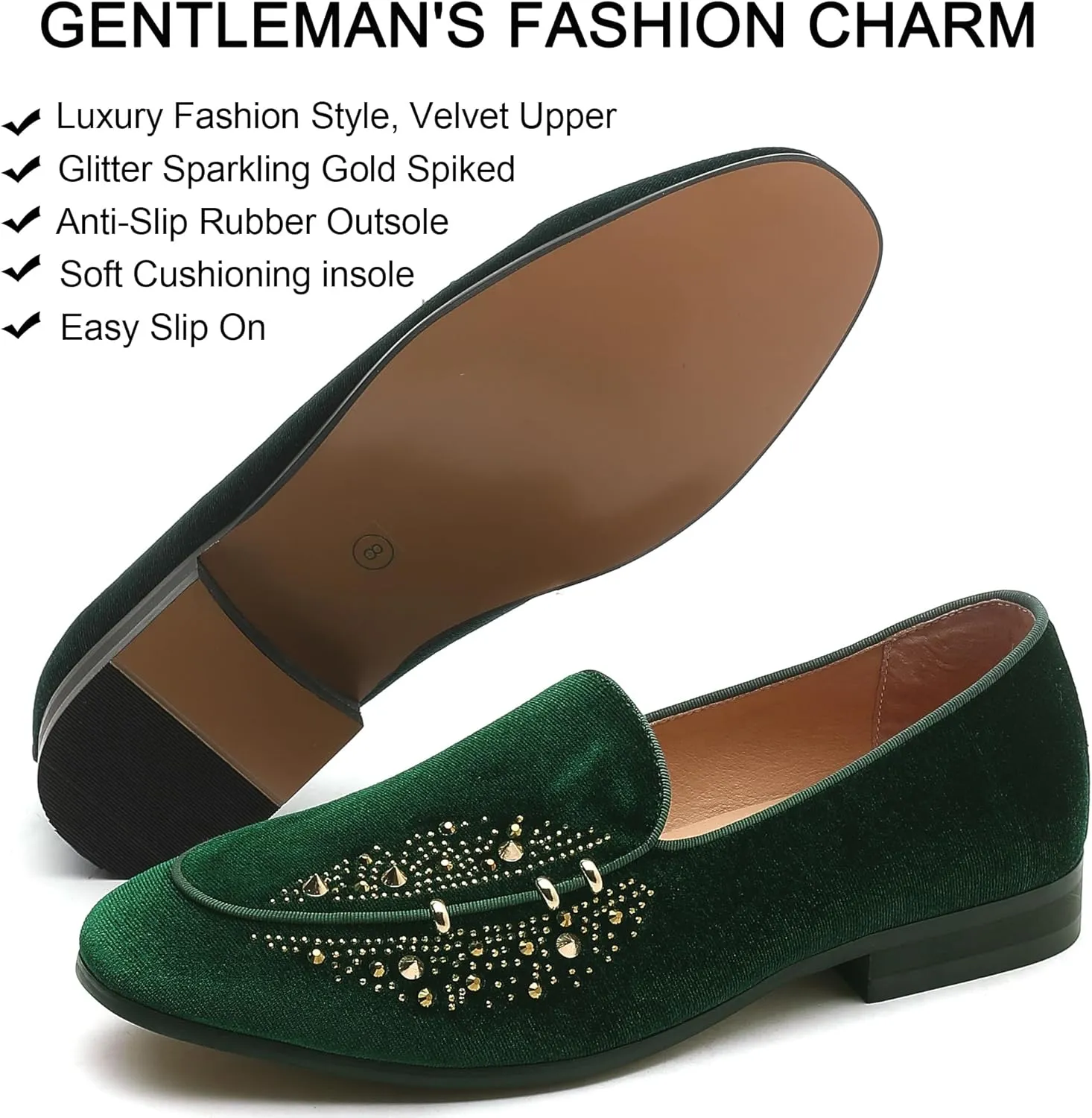Men's Luxury Velvet Penny Loafers with Fashion Spiked, Casual Penny Loafers for Men, Noble Slip-on Dress Loafers Glitter Suede Smoking Slippers (Black)