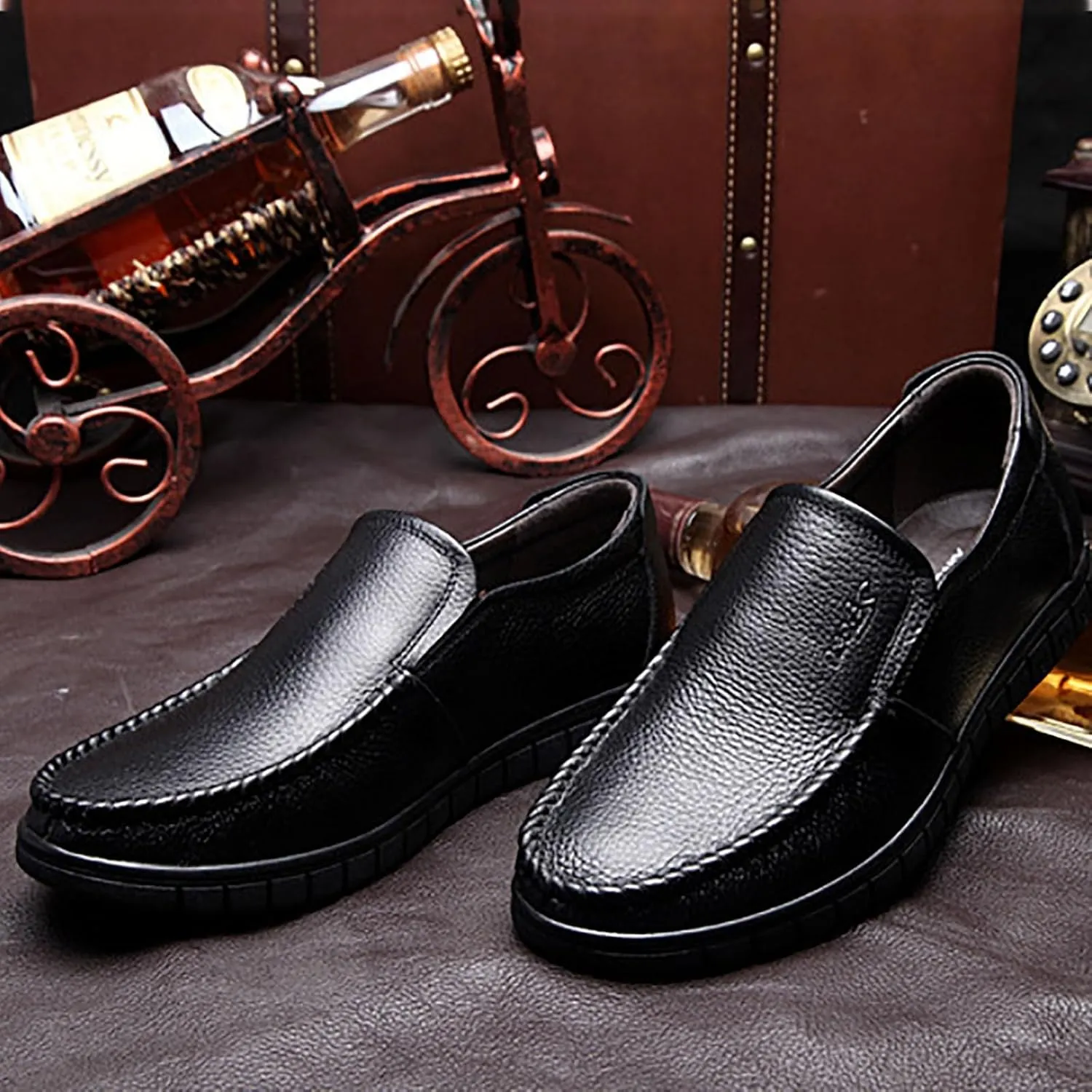 Men's Premium Cowhide Leather, Hollow Slip-On Shoes Anti-Slip Casual Lightweight Breathable for Walking, Travel, Office