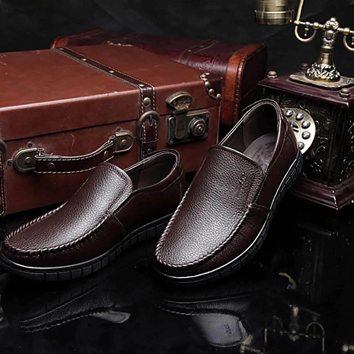 Men's Premium Cowhide Leather, Hollow Slip-On Shoes Anti-Slip Casual Lightweight Breathable for Walking, Travel, Office