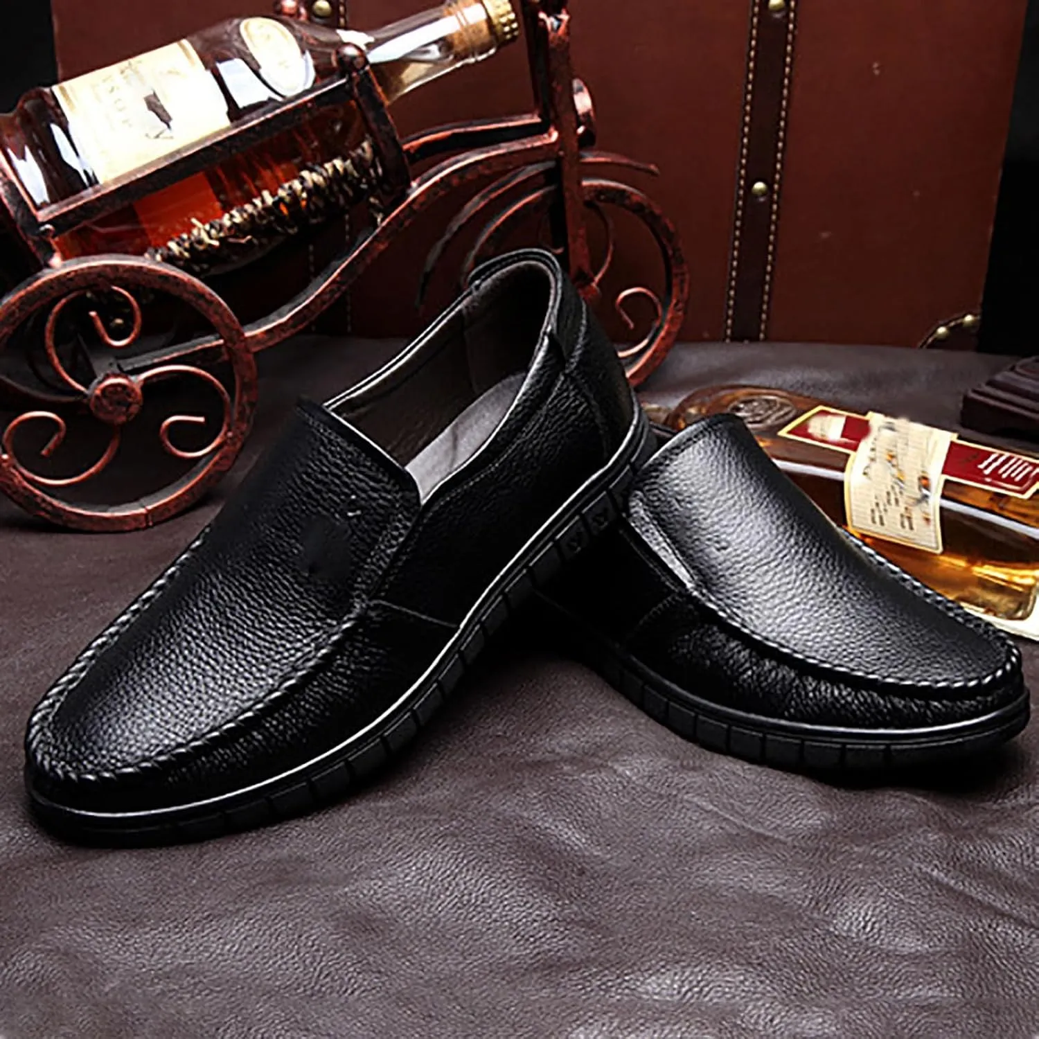 Men's Premium Cowhide Leather, Hollow Slip-On Shoes Anti-Slip Casual Lightweight Breathable for Walking, Travel, Office