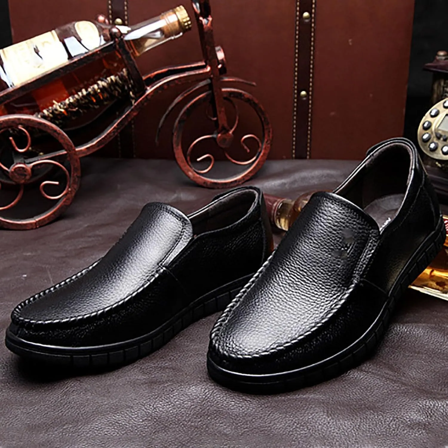 Men's Premium Cowhide Leather, Hollow Slip-On Shoes Anti-Slip Casual Lightweight Breathable for Walking, Travel, Office