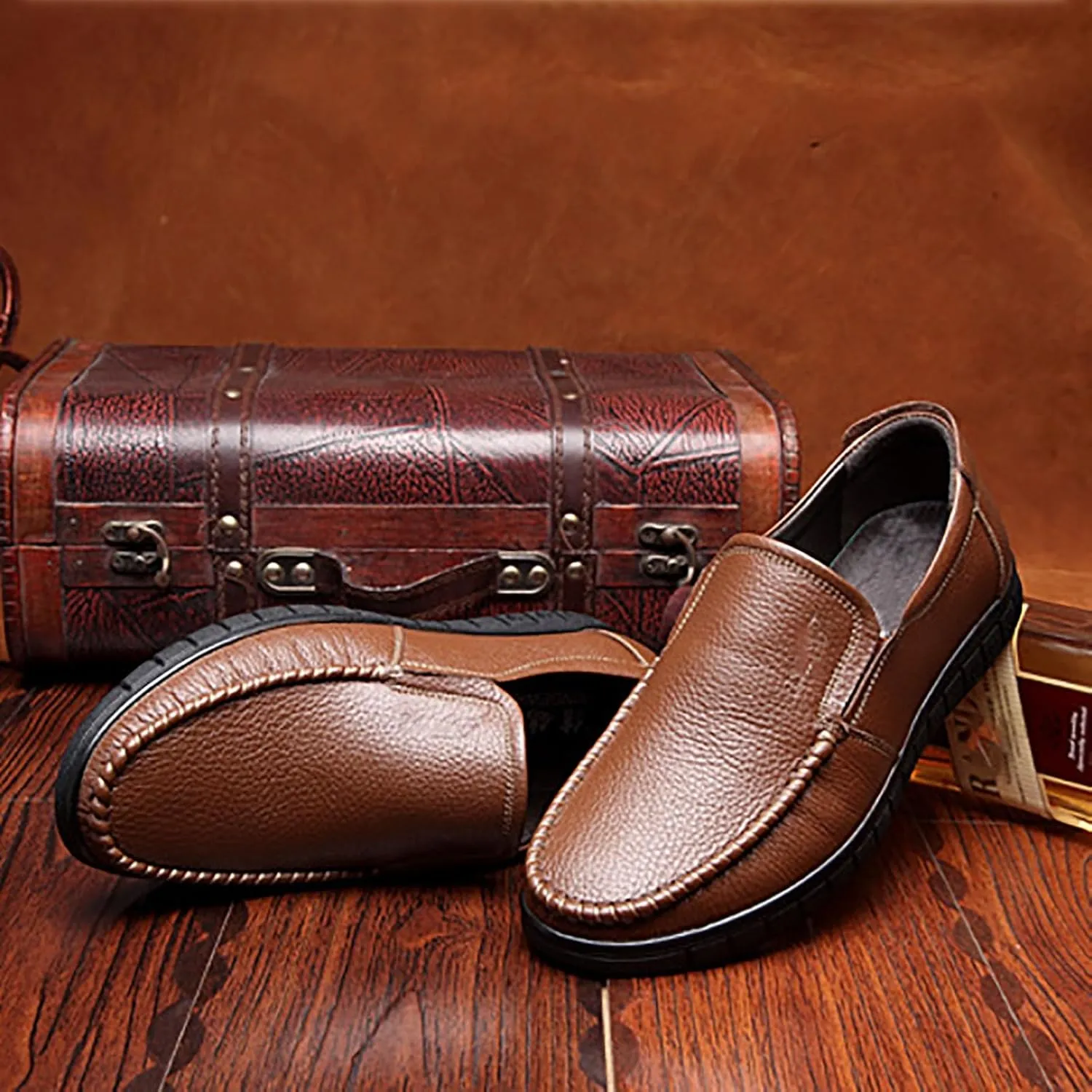 Men's Premium Cowhide Leather, Hollow Slip-On Shoes Anti-Slip Casual Lightweight Breathable for Walking, Travel, Office