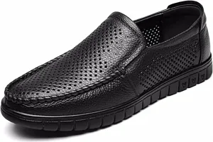 Men's Premium Cowhide Leather, Hollow Slip-On Shoes Anti-Slip Casual Lightweight Breathable for Walking, Travel, Office