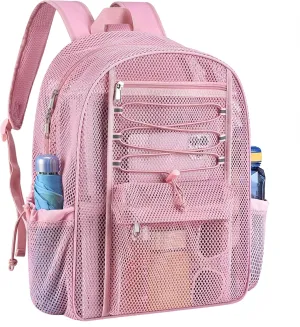 Mesh Backpack Heavy Duty for School, 24L Large Mesh Bookbag for Adults, Black Mesh School Bag with Comfort Padded Straps for Work Swimming Beach Fitness Sport(Pink)