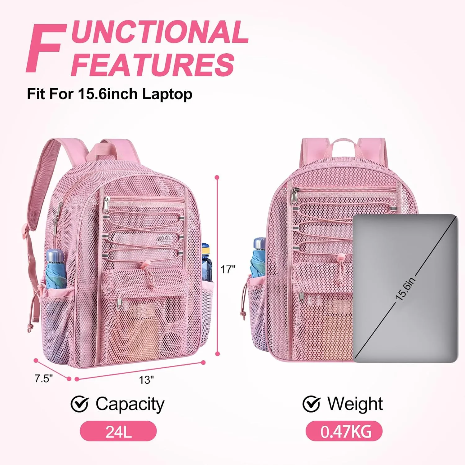 Mesh Backpack Heavy Duty for School, 24L Large Mesh Bookbag for Adults, Black Mesh School Bag with Comfort Padded Straps for Work Swimming Beach Fitness Sport(Pink)