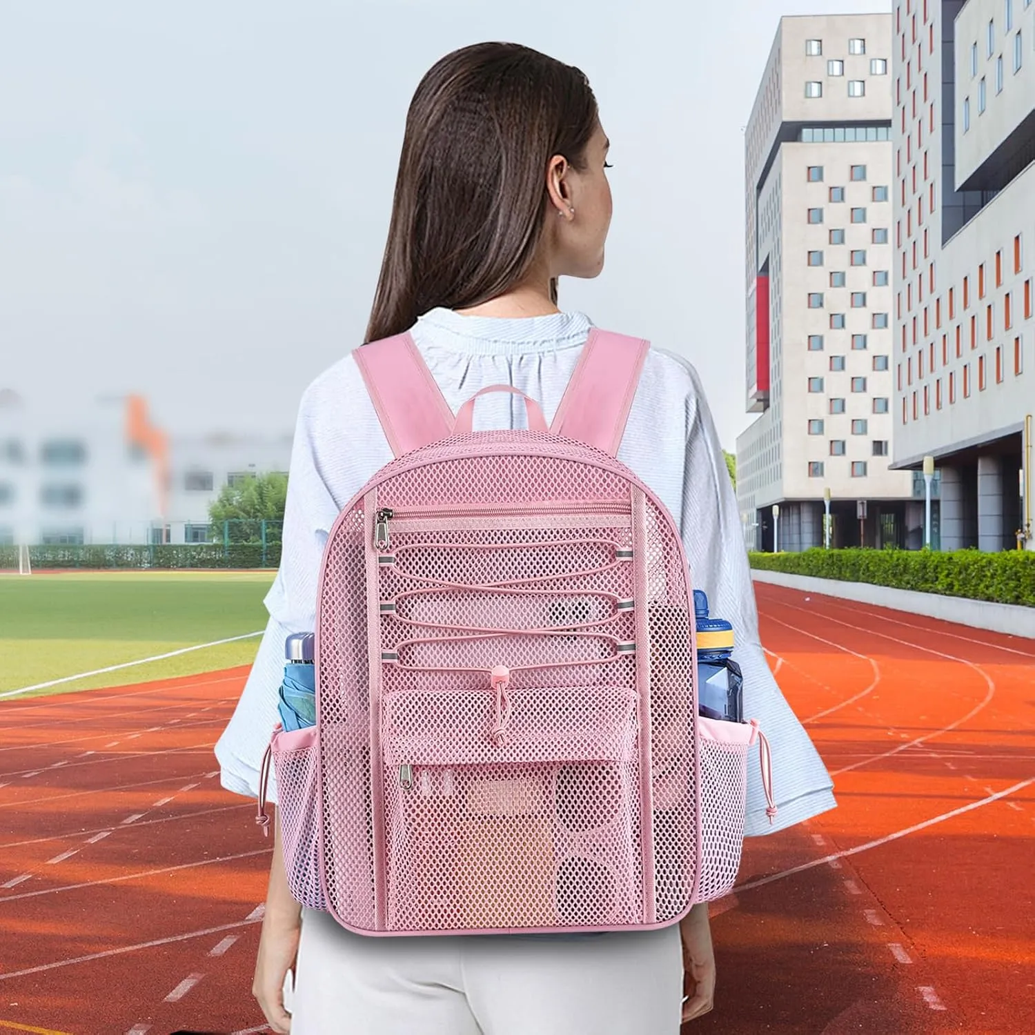 Mesh Backpack Heavy Duty for School, 24L Large Mesh Bookbag for Adults, Black Mesh School Bag with Comfort Padded Straps for Work Swimming Beach Fitness Sport(Pink)