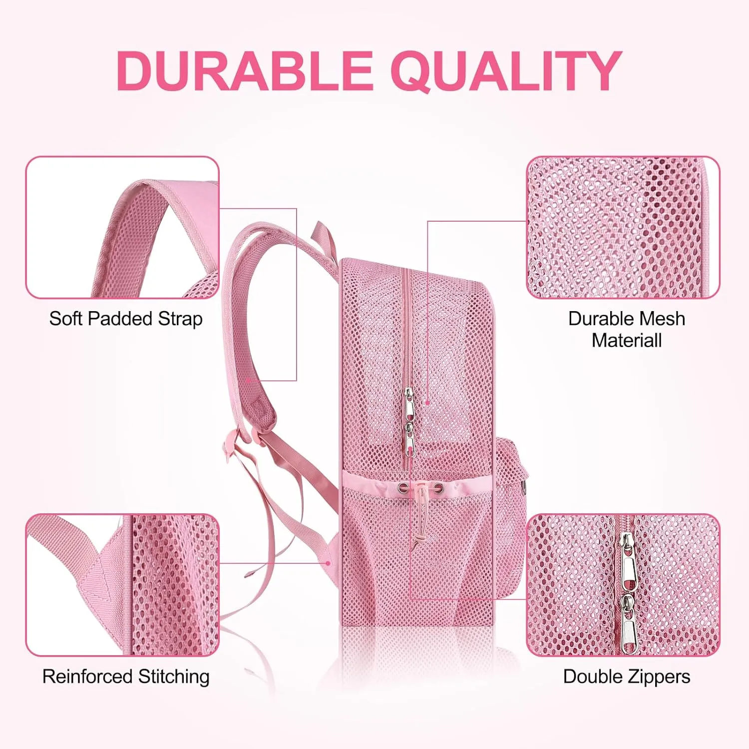 Mesh Backpack Heavy Duty for School, 24L Large Mesh Bookbag for Adults, Black Mesh School Bag with Comfort Padded Straps for Work Swimming Beach Fitness Sport(Pink)