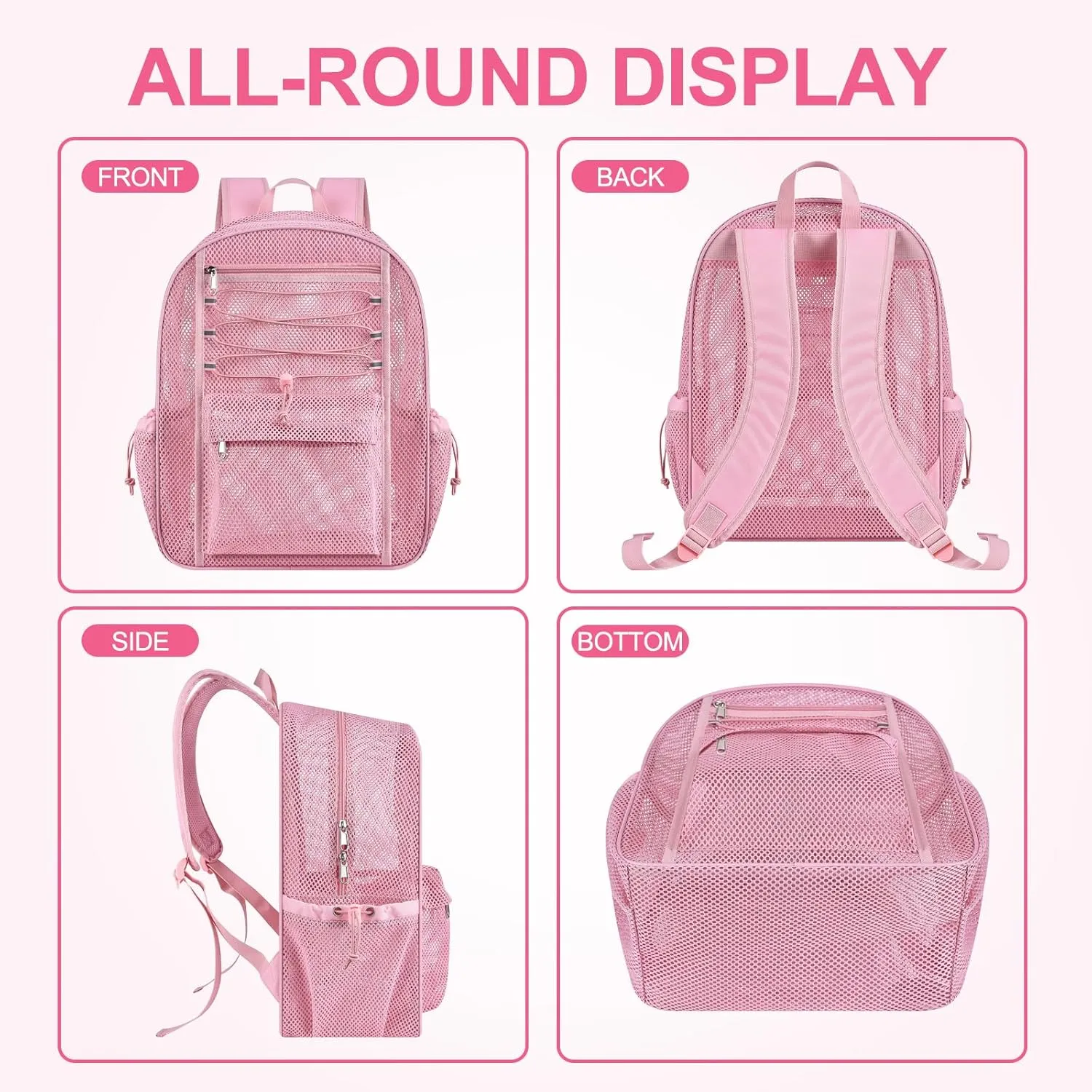 Mesh Backpack Heavy Duty for School, 24L Large Mesh Bookbag for Adults, Black Mesh School Bag with Comfort Padded Straps for Work Swimming Beach Fitness Sport(Pink)