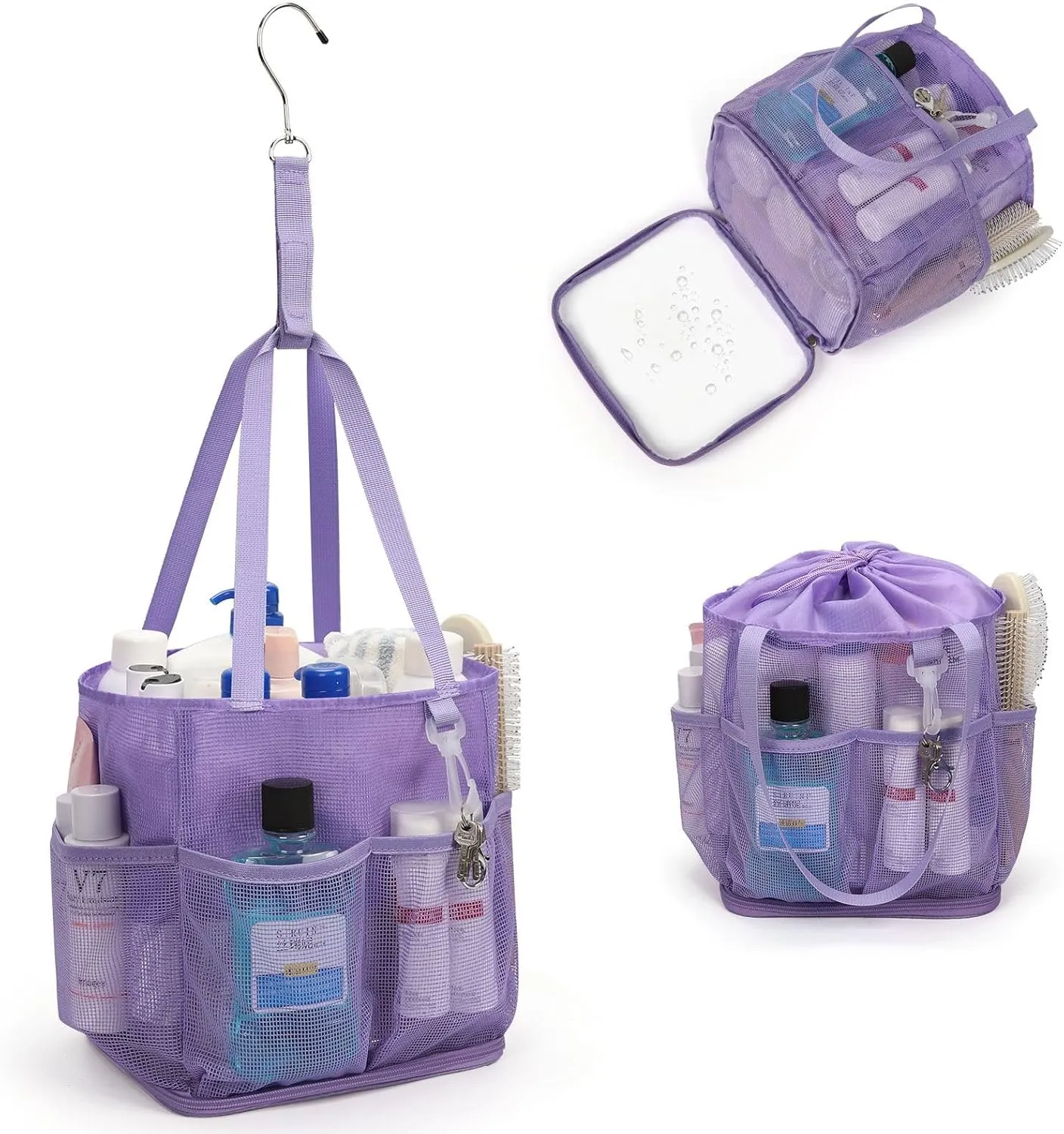 Mesh Shower Caddy Portable for College Dorm Room Essentials, Shower Tote Bag with Hanging Hook and Drawstring, Quick Dry Toiletry Bag with 6 Pockets for Bathroom, Swimming, Gym, Camping, Beach, Travel