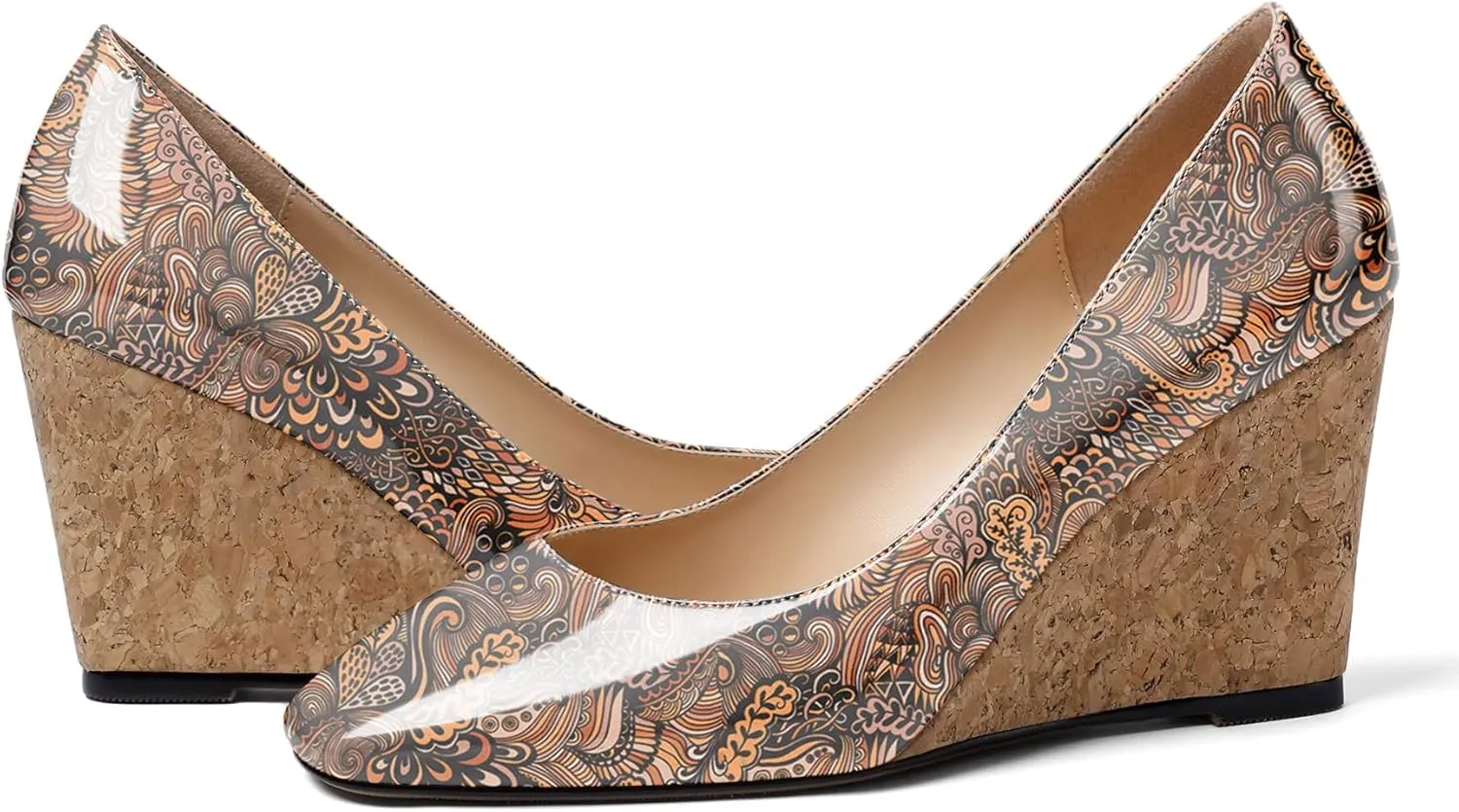 Mettesally Women's Cork Heel Wedges Square Closed Toe High Heels Pumps Slip On Fashion Party Office Dress Shoes