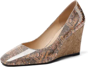 Mettesally Women's Cork Heel Wedges Square Closed Toe High Heels Pumps Slip On Fashion Party Office Dress Shoes
