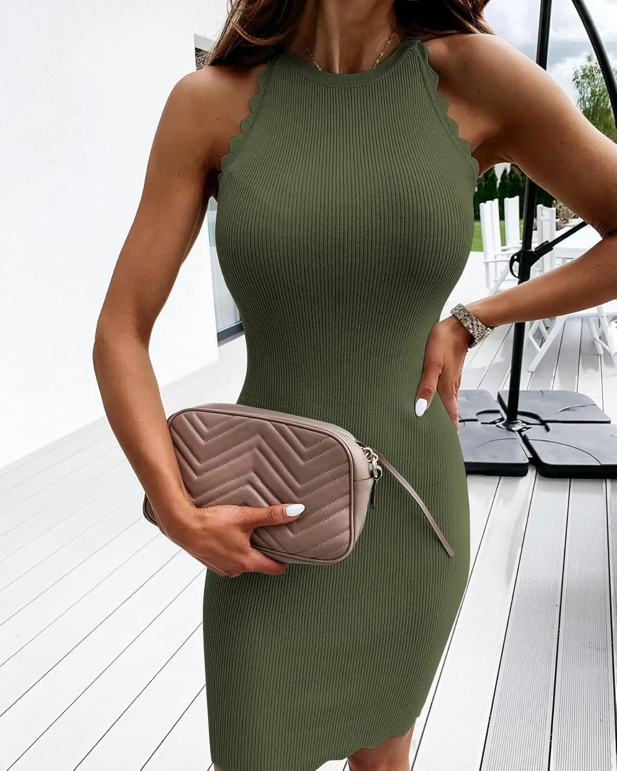 miduo Womens Scallop Trim Halter Neck Sleeveless Sweater Ribbed Knit Mini Dress Bodycon Club Party Dresses
