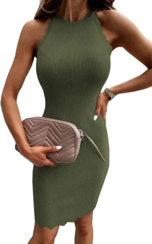 miduo Womens Scallop Trim Halter Neck Sleeveless Sweater Ribbed Knit Mini Dress Bodycon Club Party Dresses