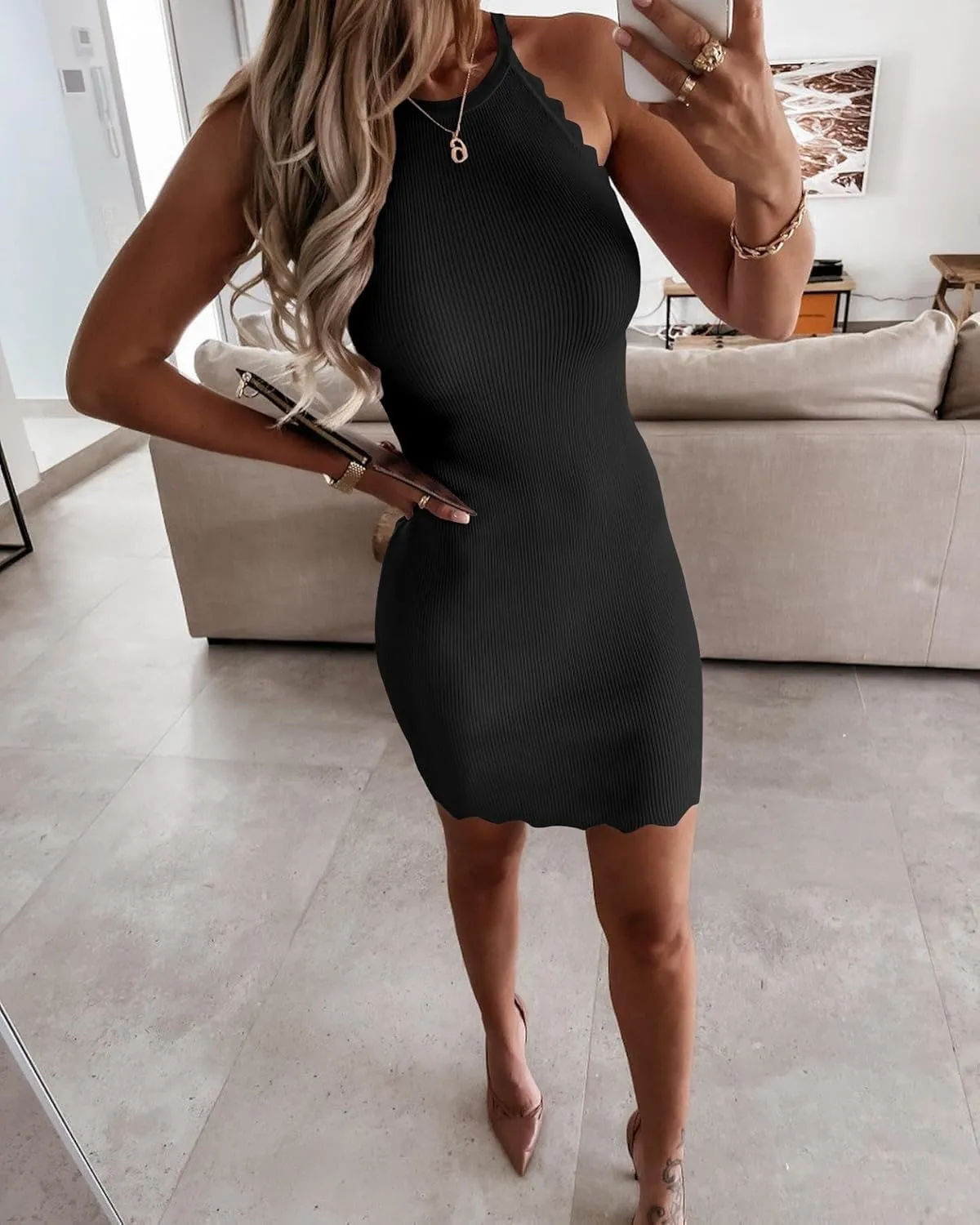miduo Womens Scallop Trim Halter Neck Sleeveless Sweater Ribbed Knit Mini Dress Bodycon Club Party Dresses