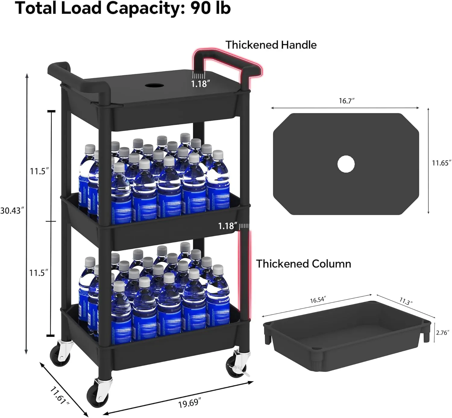 MIOCASA Utility Rolling Cart with Detachable Tray Top, 3-Tier Kitchen Storage Organization, Art Cart with Wheels for Office, Classroom, Livingroom, Kitchen, Bathroom