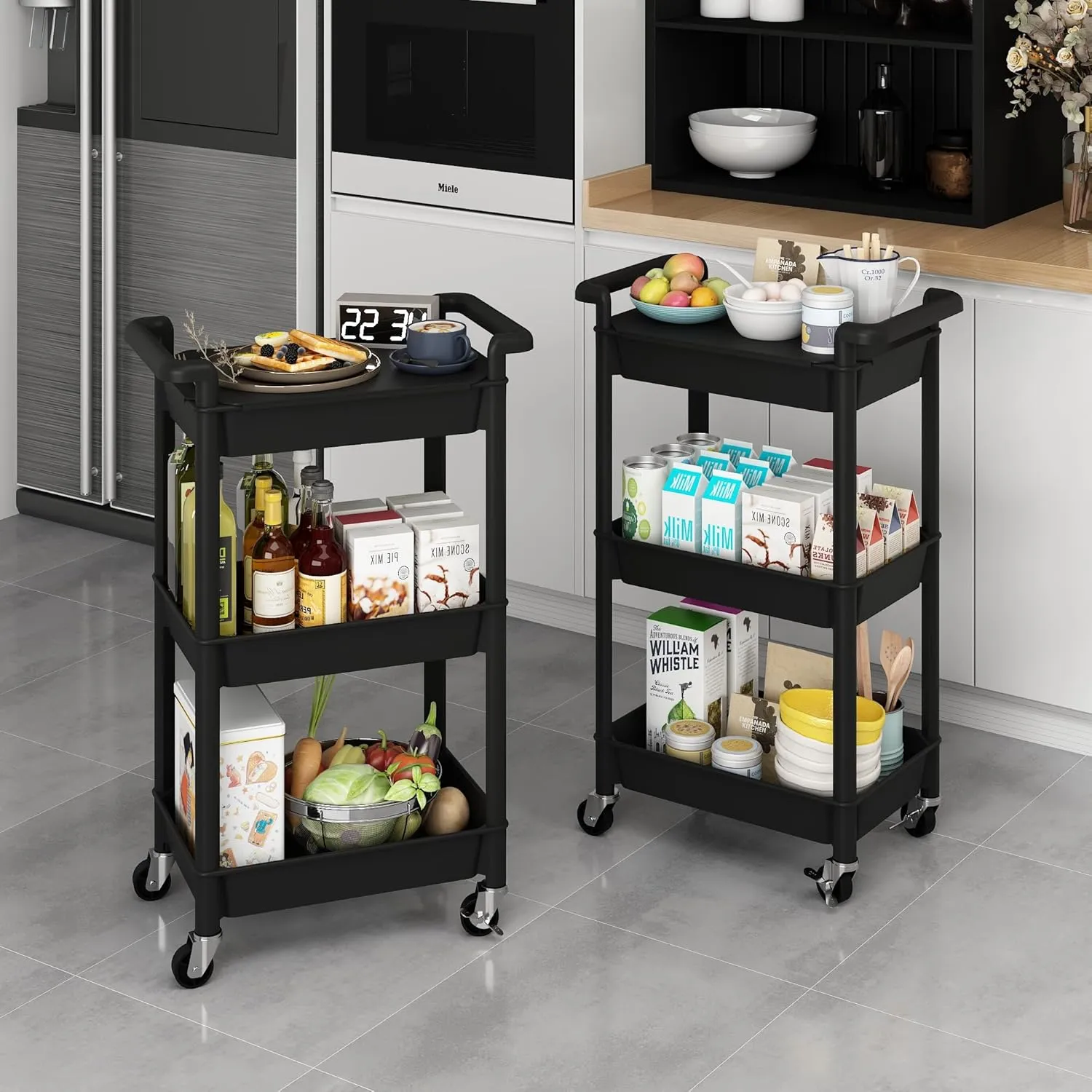 MIOCASA Utility Rolling Cart with Detachable Tray Top, 3-Tier Kitchen Storage Organization, Art Cart with Wheels for Office, Classroom, Livingroom, Kitchen, Bathroom
