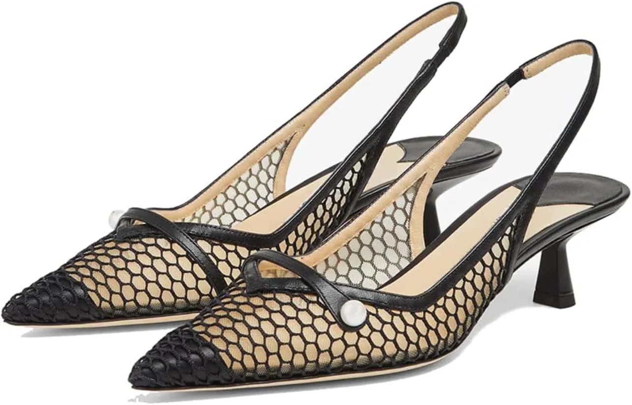 MIRAAZZURRA Mesh Slingback Kitten Heels Pointed Toe Pumps Low Heel Slip on Dress Shoes for Dating Party Working