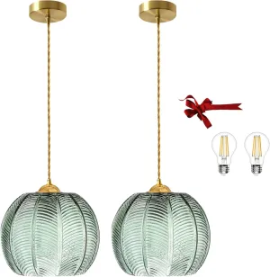 Modern Green Striped Glass Pendant Light 7.87 Inch with 2 Extra A60 Bulbs, 2 Pack Adjustable Cord for Kitchen Island, Above Sink, Bedroom