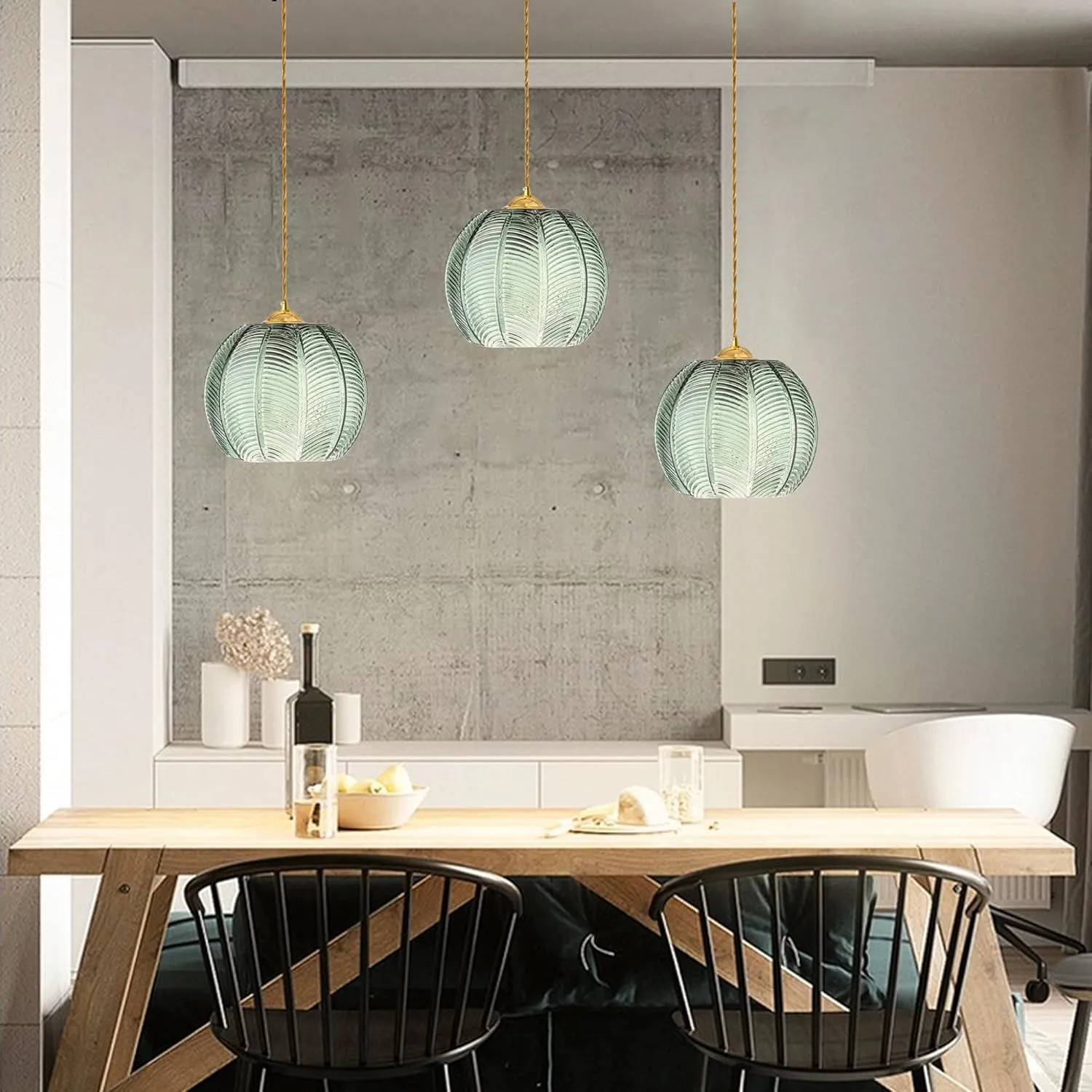 Modern Green Striped Glass Pendant Light 7.87 Inch with 2 Extra A60 Bulbs, 2 Pack Adjustable Cord for Kitchen Island, Above Sink, Bedroom