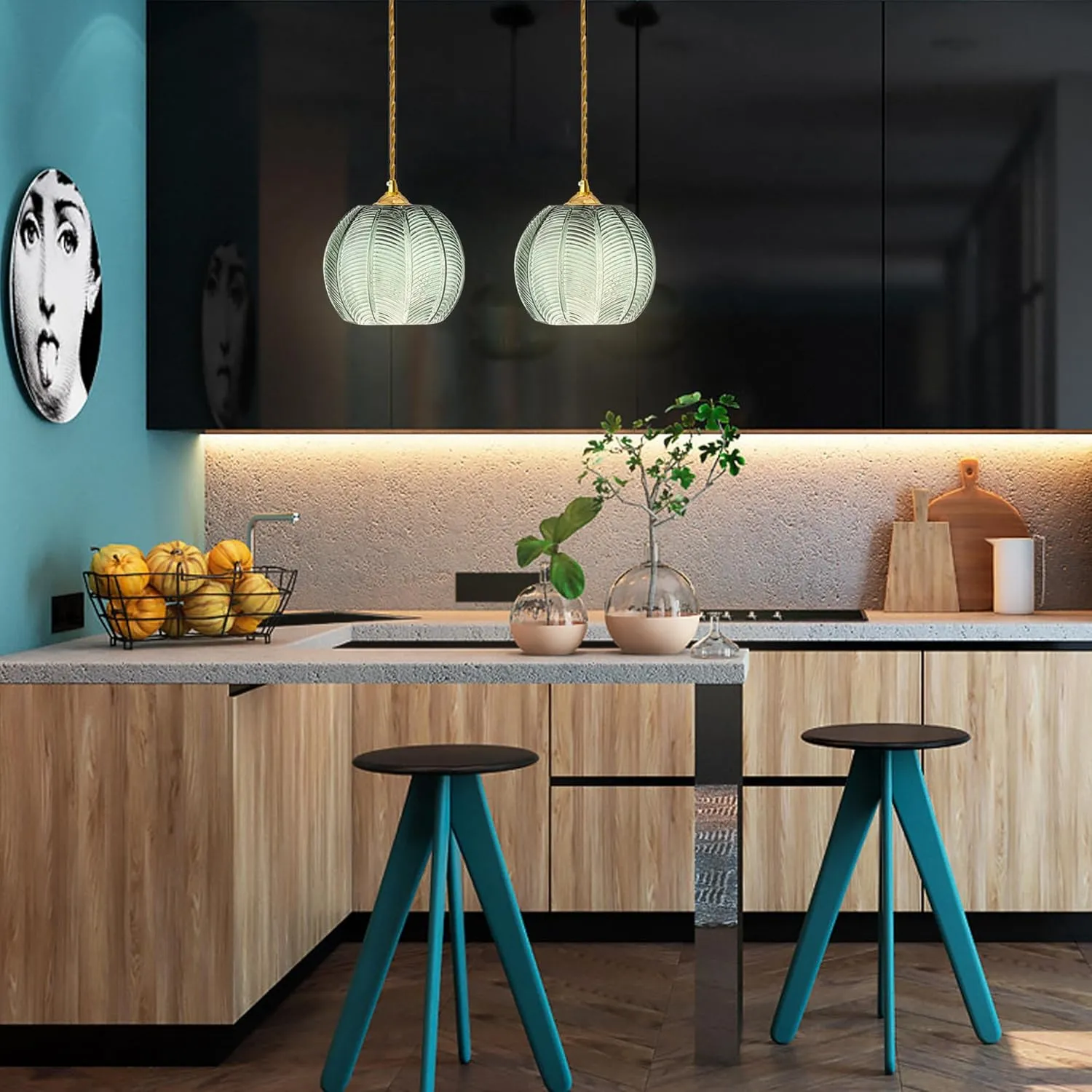 Modern Green Striped Glass Pendant Light 7.87 Inch with 2 Extra A60 Bulbs, 2 Pack Adjustable Cord for Kitchen Island, Above Sink, Bedroom