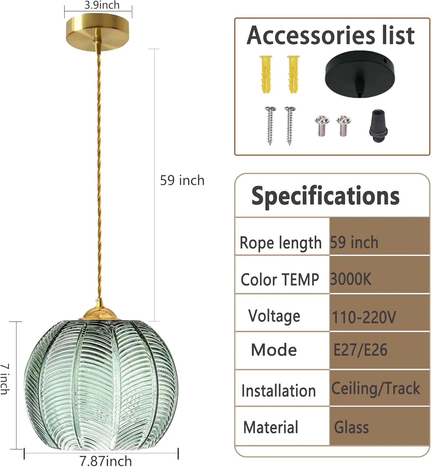Modern Green Striped Glass Pendant Light 7.87 Inch with 2 Extra A60 Bulbs, 2 Pack Adjustable Cord for Kitchen Island, Above Sink, Bedroom