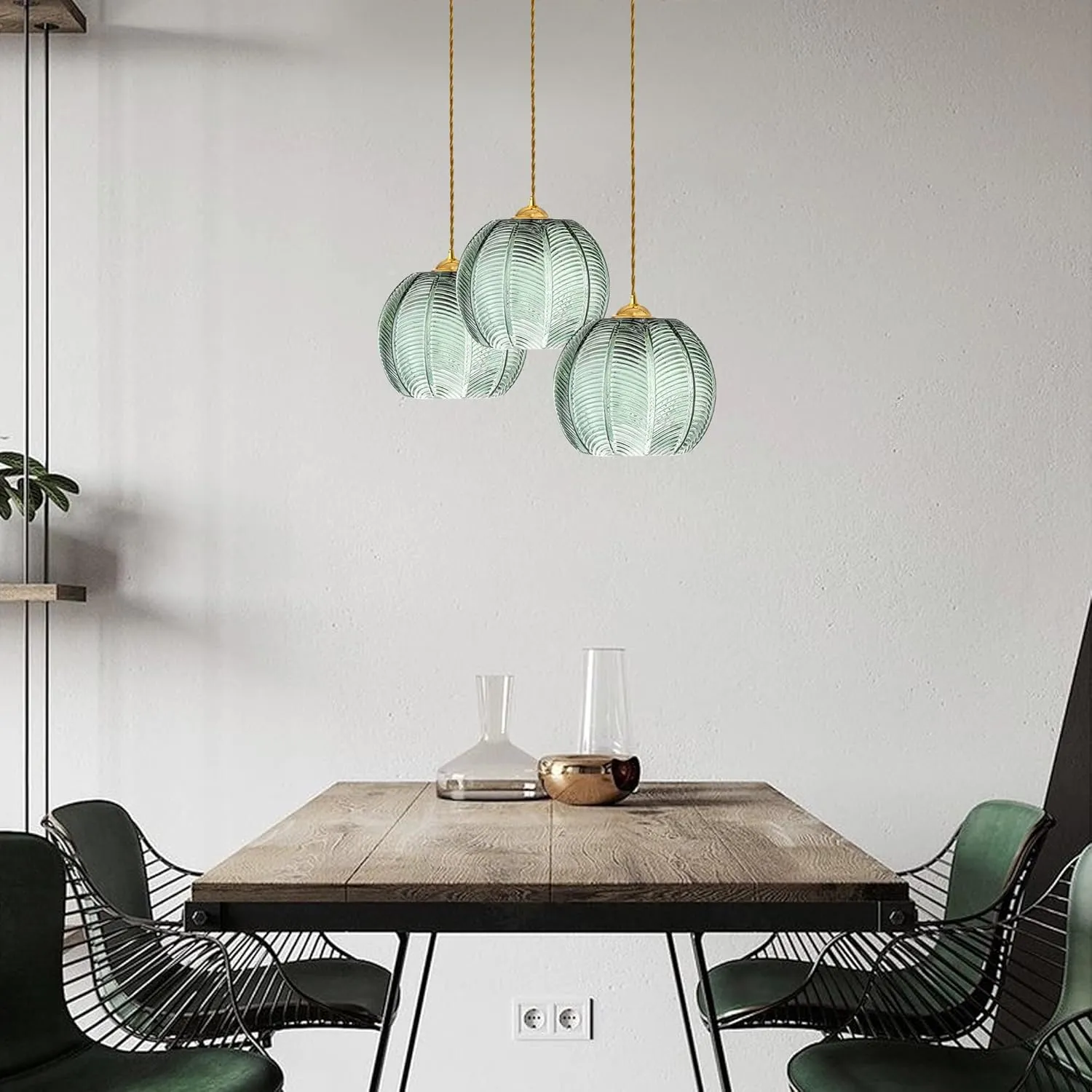 Modern Green Striped Glass Pendant Light 7.87 Inch with 2 Extra A60 Bulbs, 2 Pack Adjustable Cord for Kitchen Island, Above Sink, Bedroom