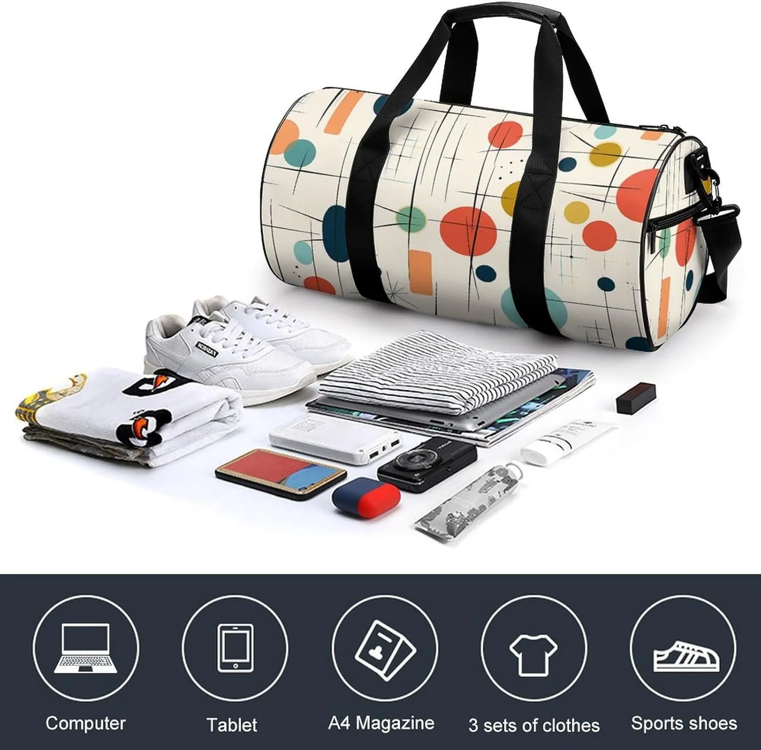 Modern Mid Century Duffel Bag for Men Women Gym Bag Sports Small Overnight Bag for Travel Weekender, 17.7in/9in/9in, XB0606009