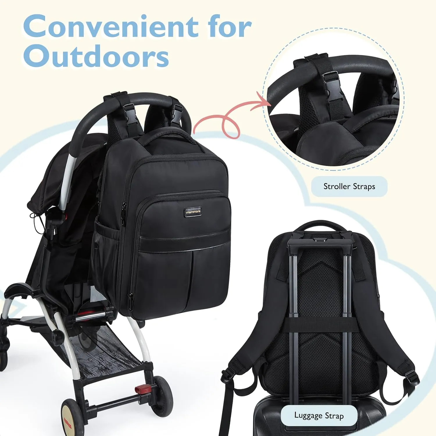 mommore Diaper Bag Backpack Large Baby Bag 37L with 15.6'' Laptop Sleeve Mom Bags with Insulated Pockets, Changing Pad, Stroller Straps, Travel, Work
