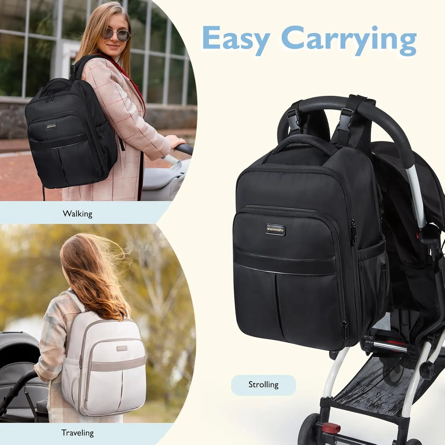 mommore Diaper Bag Backpack Large Baby Bag 37L with 15.6'' Laptop Sleeve Mom Bags with Insulated Pockets, Changing Pad, Stroller Straps, Travel, Work