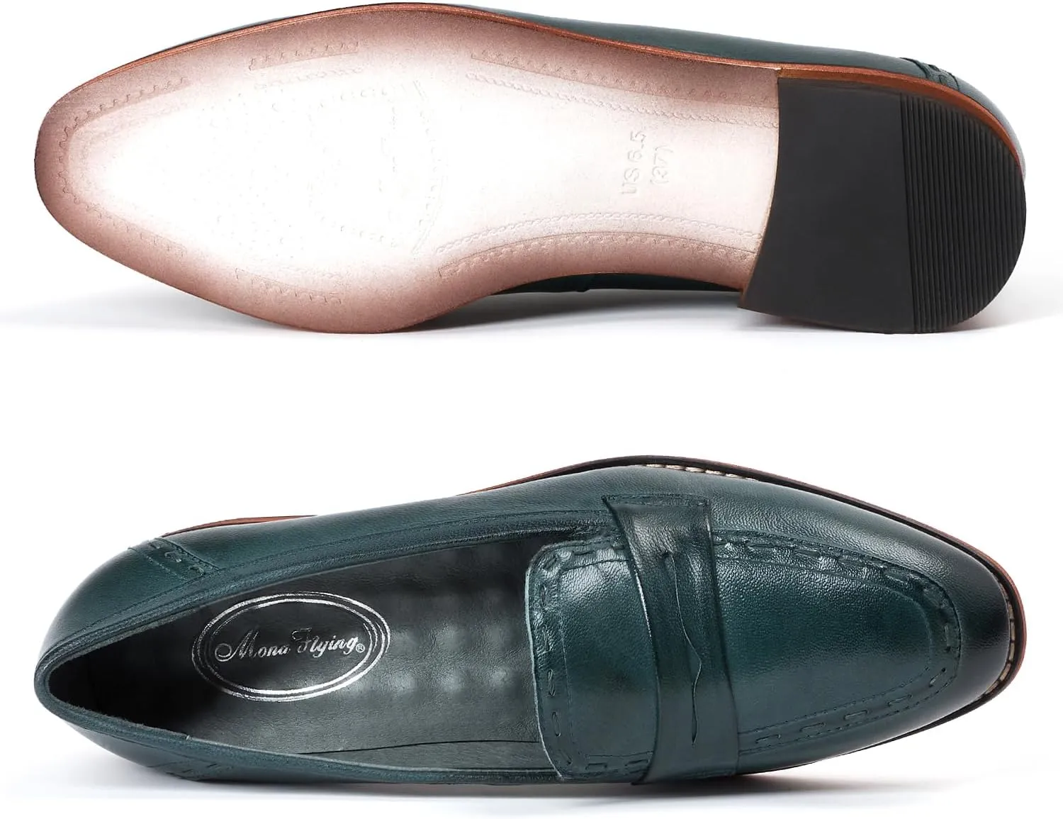 Mona flying Women's Leather Penny Loafers Slip On Flats Office Ladies Casual Shoes